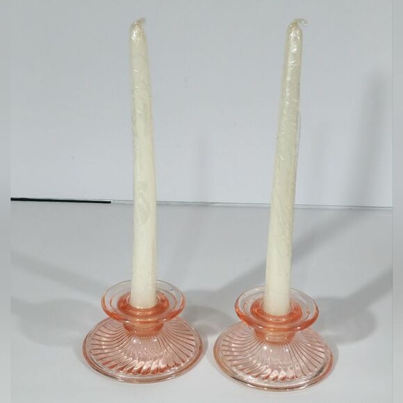Vintage Set Of 2 pink depression glass candle holders - Picture 1 of 7